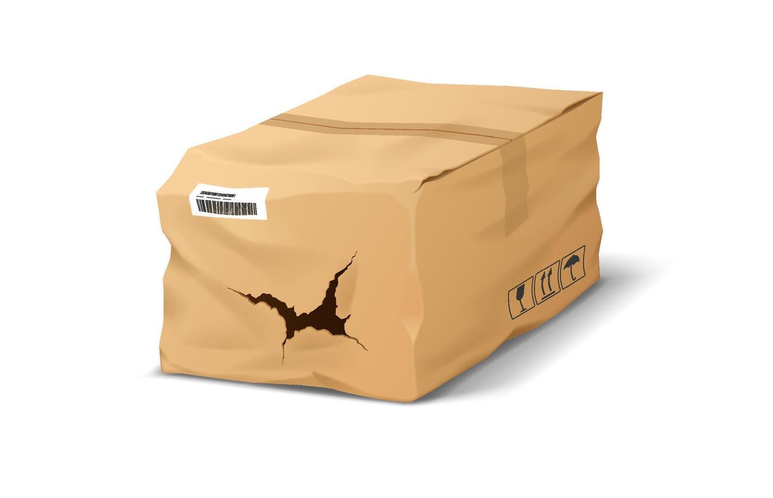 Realistic illustration of a damaged cardboard package. It features a visible crack on the front, signaling mishandling. The package is set against a plain white background. vector