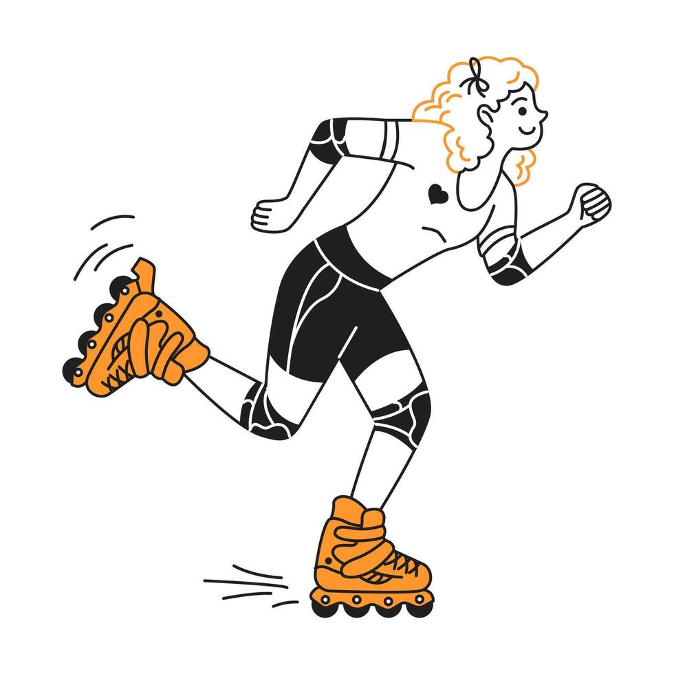 Energetic woman rollerblading with a joyful expression in a minimalist style. Black and orange colors highlight her casual and active lifestyle. vector