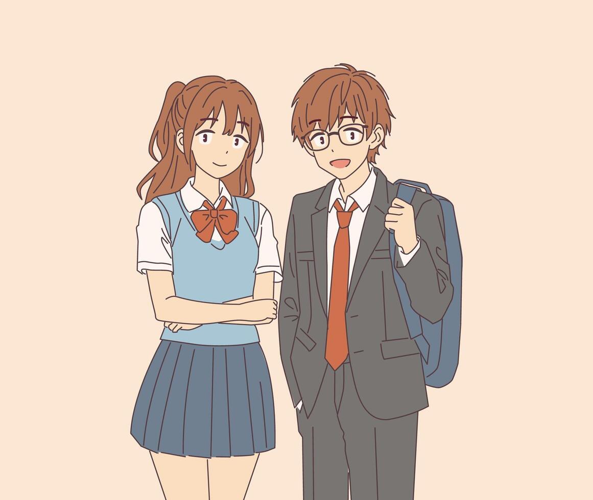 Anime illustration of a smiling boy with glasses and a girl, both in school uniforms. They stand side by side against a simple beige background, exuding a friendly vibe. vector