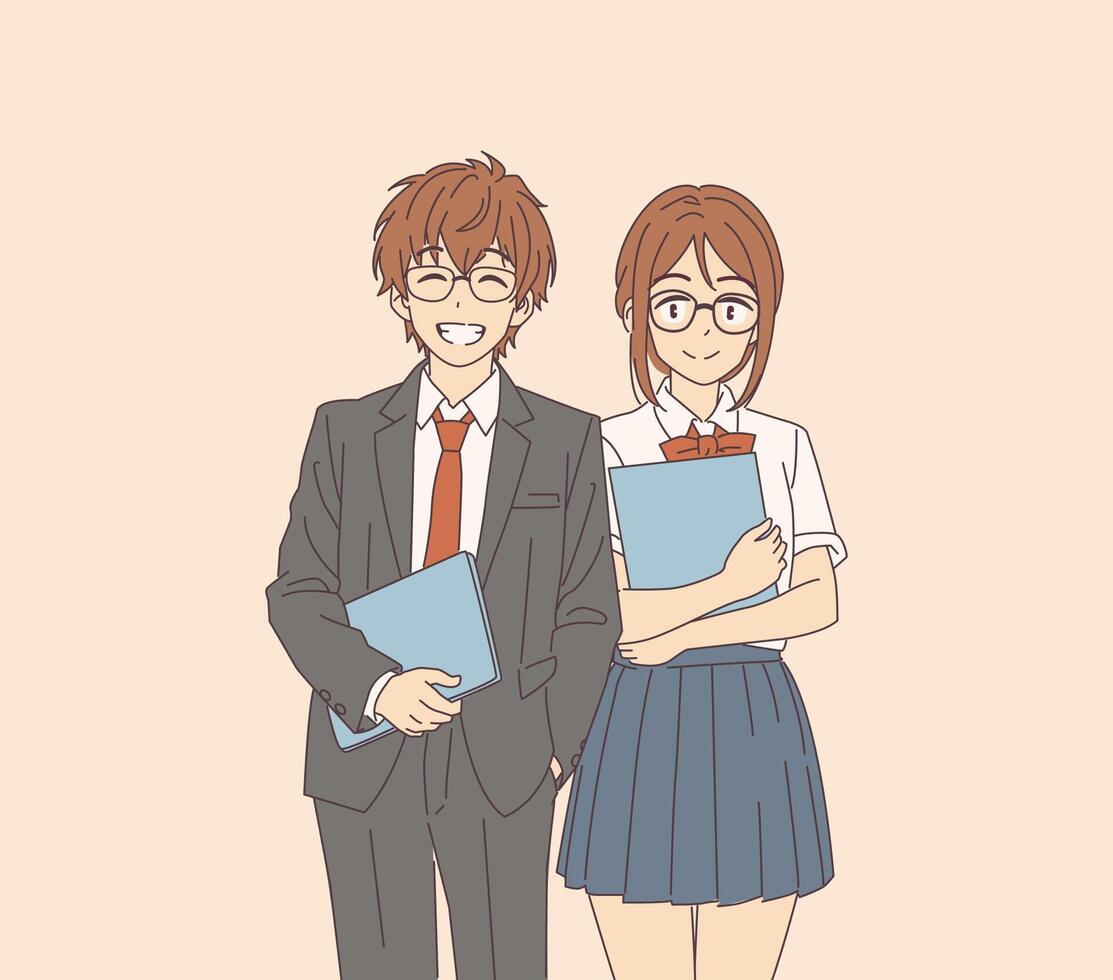 Two smiling students in formal attire vector