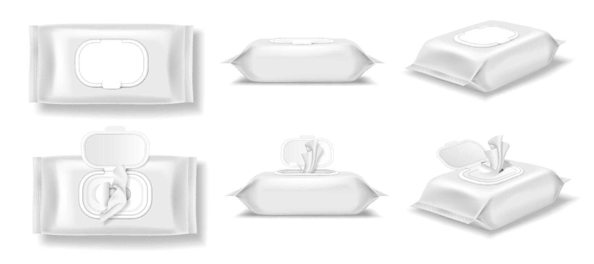 Realistic illustration of wet wipes packages in various angles, white and clean, ideal for hygiene product advertising and design on a neutral background. vector