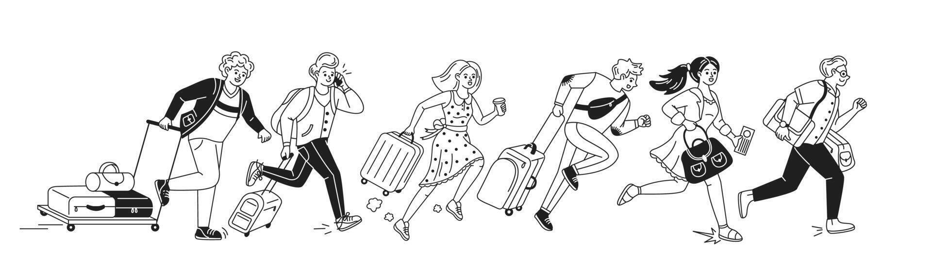 Black and white illustration depicting a group of people in a hurry, carrying luggage. The scene conveys a sense of urgency and movement, likely in an airport setting. vector
