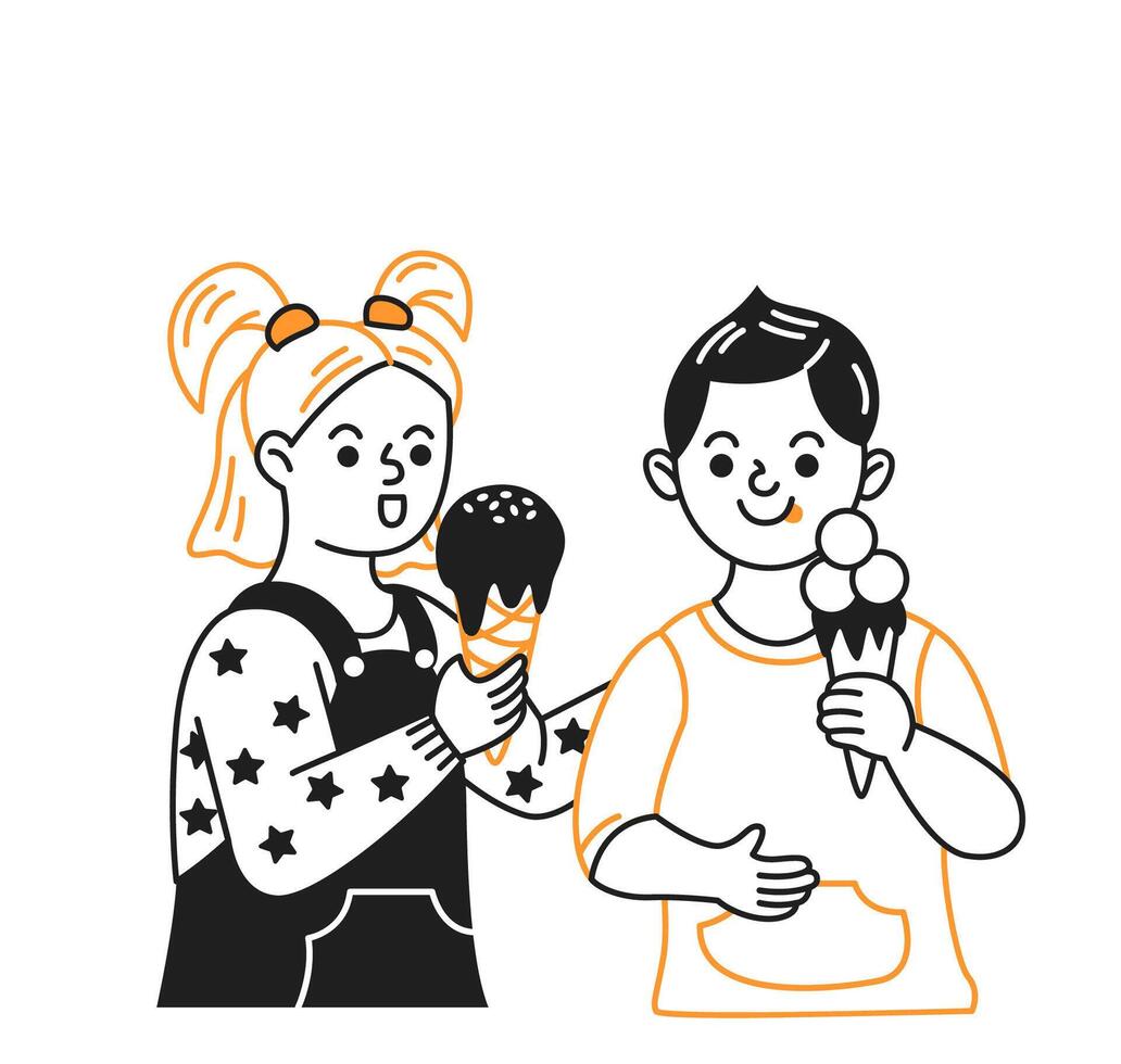 Smiling children enjoying ice cream in a minimalist style. Both hold cones, expressing joy and delight. Black and orange tones add contrast to this playful image. vector