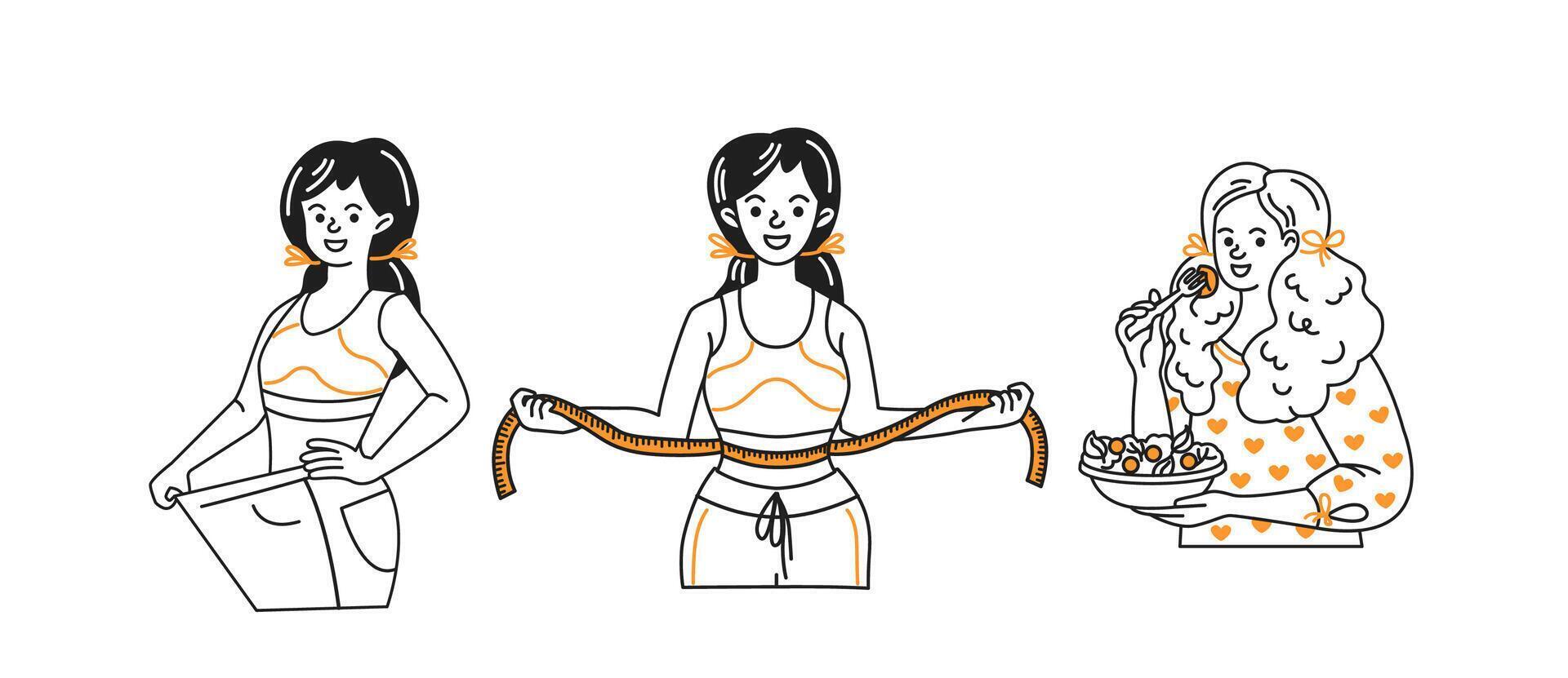 Series of three women in cartoon style. First is holding oversized pants, second with tape measure around waist, third is enjoying healthy salad. Black, white, and orange palette. vector