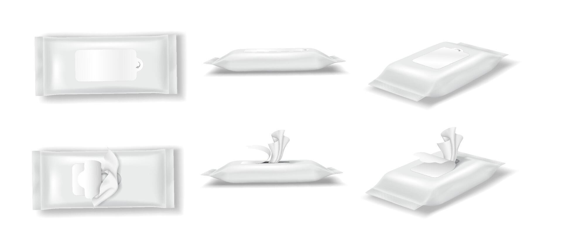 Realistic illustration of white wet wipes packaging. Various positions and orientations. Ideal for product display and advertising purposes. vector
