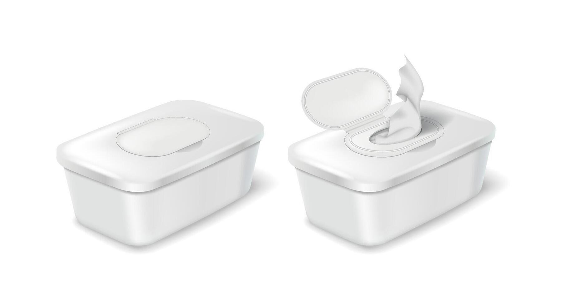 Realistic illustration of white plastic containers for wipes. One open with tissues. Minimalist design. Suitable for hygiene product packaging presentation. vector
