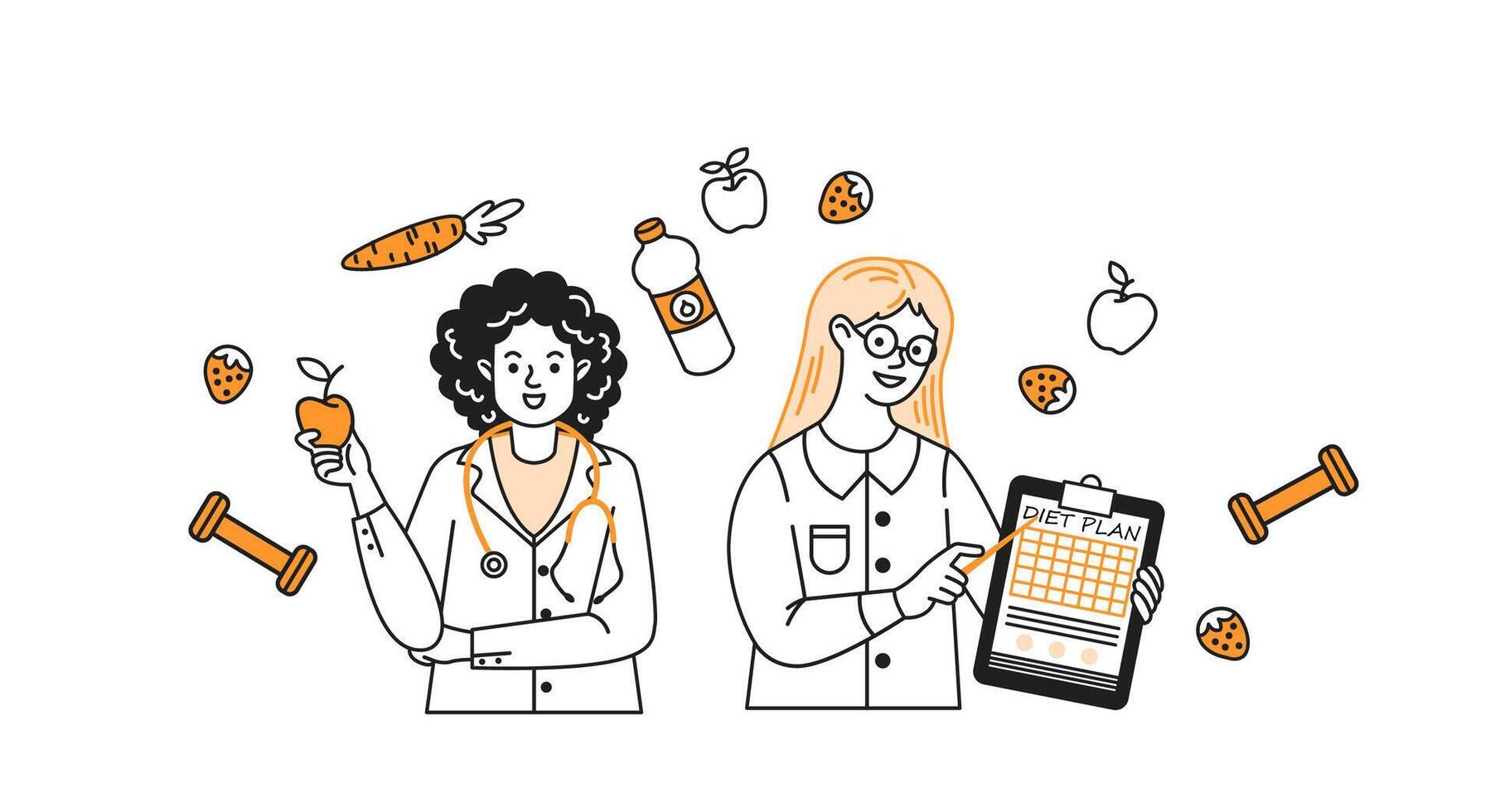 Cartoon depiction of a curlyhaired nutritionist and a blonde dietitian discussing healthy eating. Surrounded by fruits and fitness items on a white background. vector