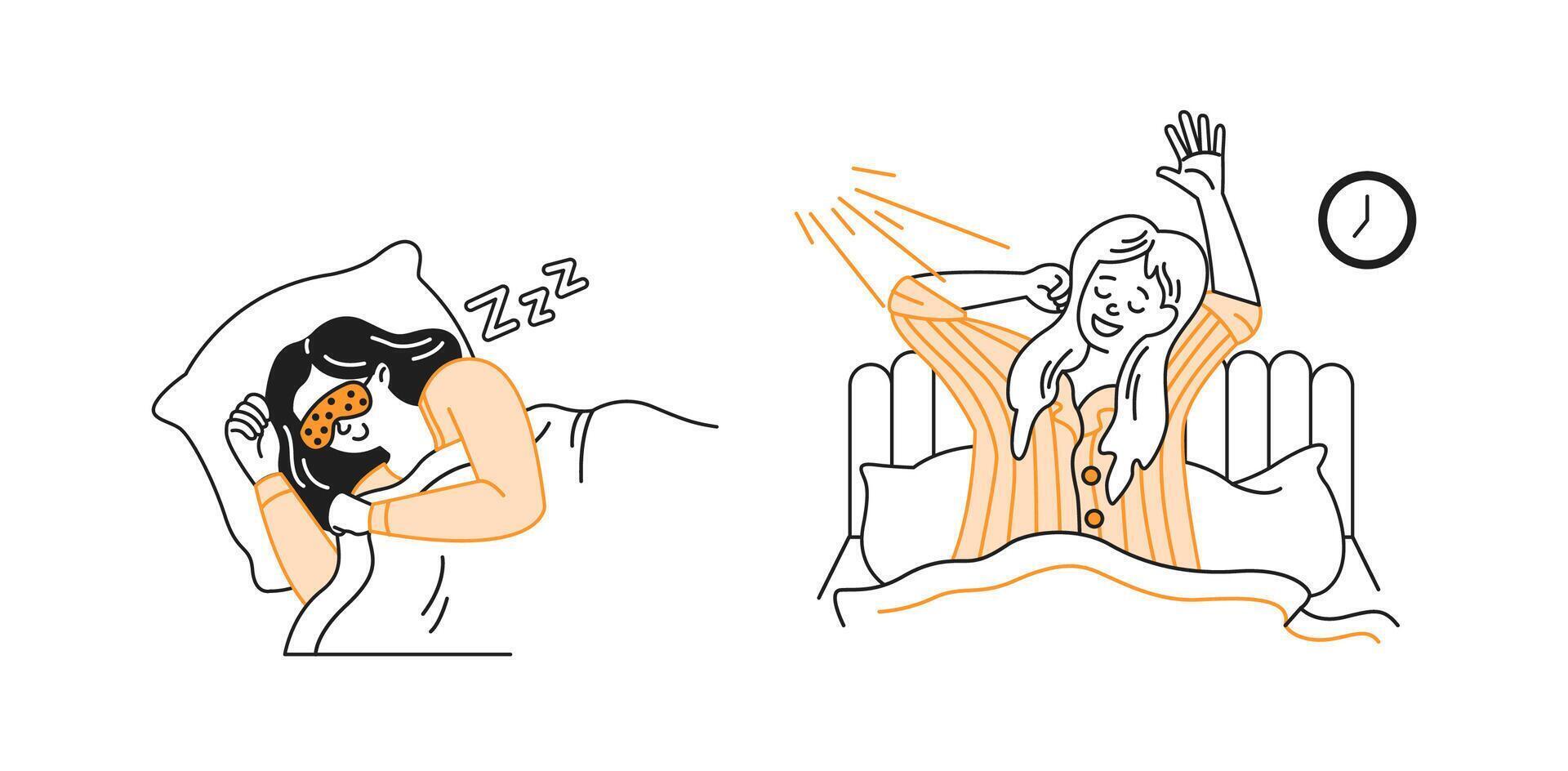 Cartoon woman peacefully sleeping, wearing eye mask, cozy in bed. Adjacent image of woman joyfully stretching, waking up. Orange accents on white background. vector