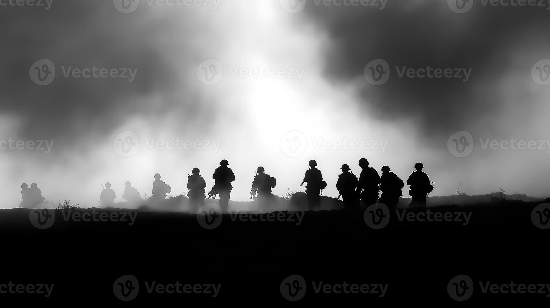Silhouetted Army in Smoky Battlefield photo