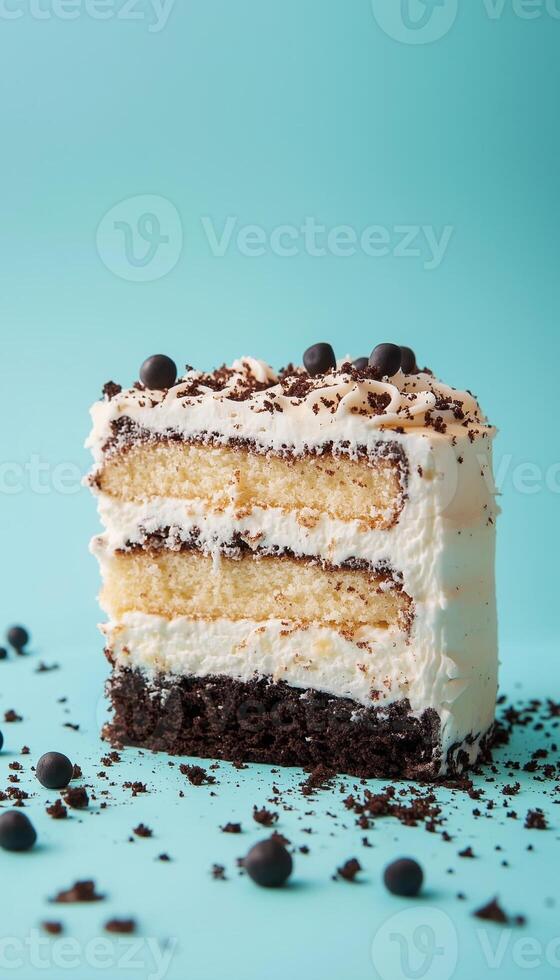 Fail burnt cake layered cake with filling cream on vertical background photo