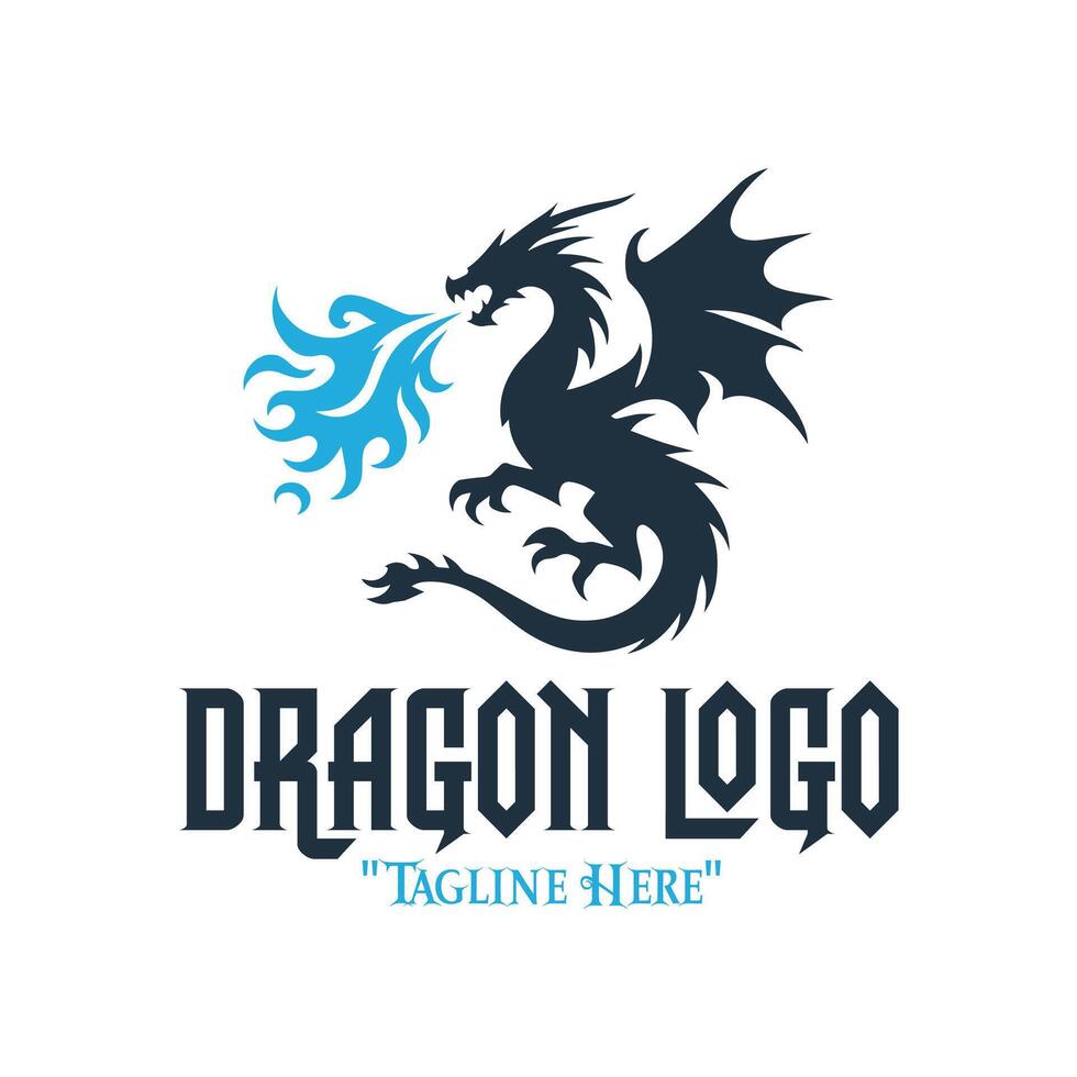 Iconic Black Dragon Logo with Blue Fire for Fantasy Branding and Powerful Identity vector