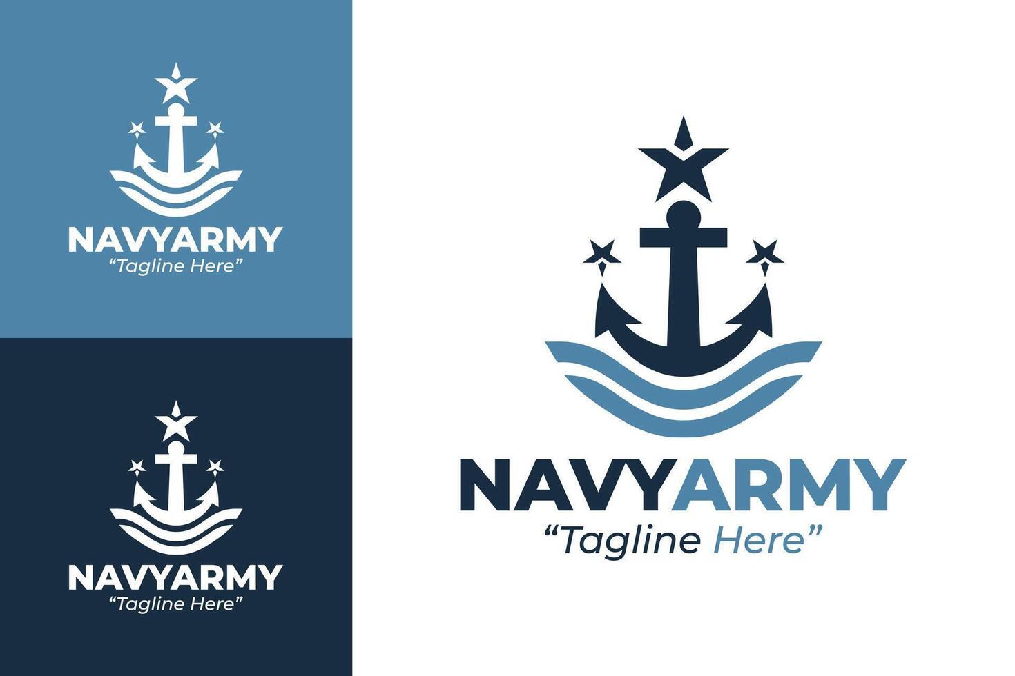 Powerful Navy Army Logo in Light Blue and Dark Blue with Anchor, Star, and Water Elements vector