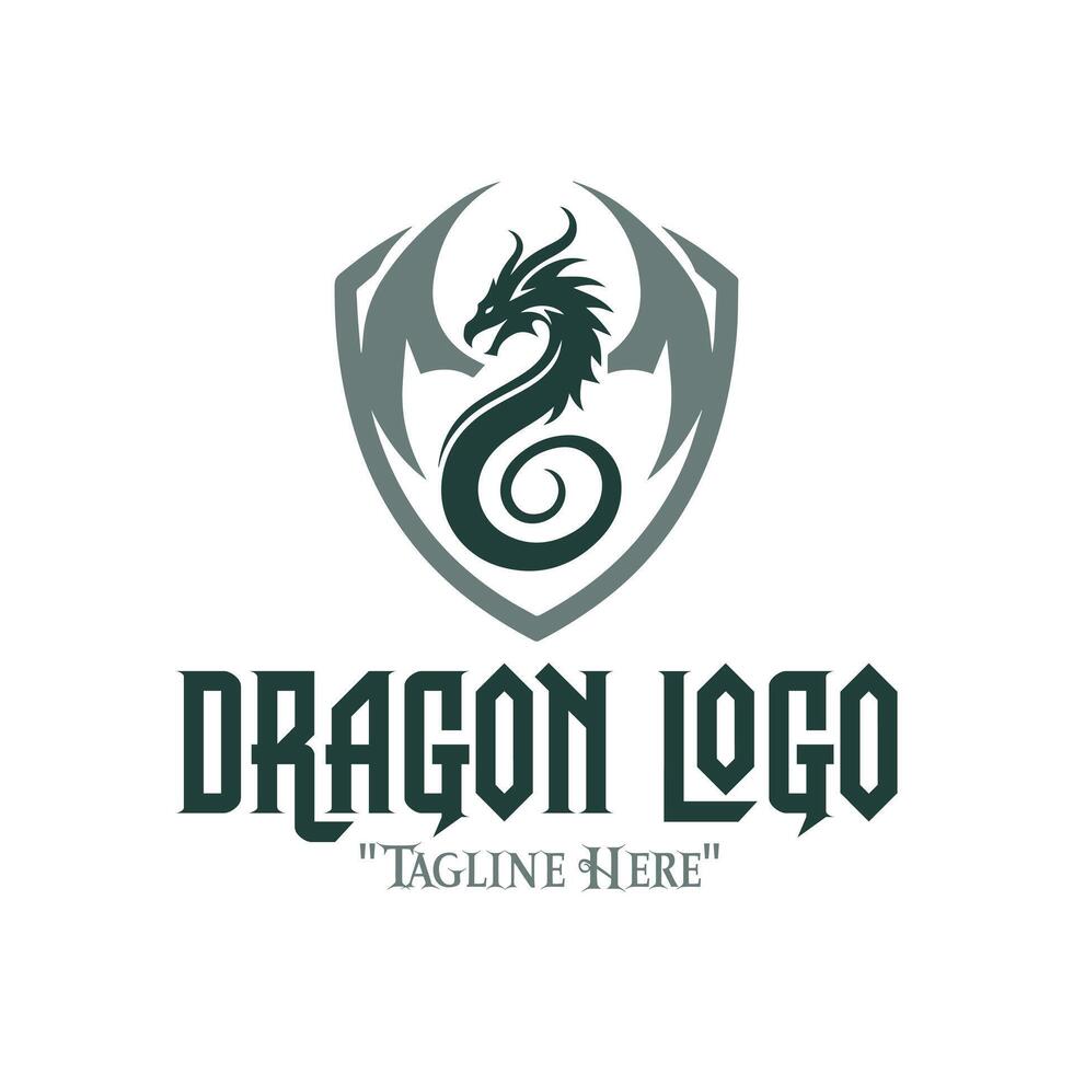 Noble Green Dragon Logo with Gray Shield for Strength-Based Branding and Fantasy Identity vector
