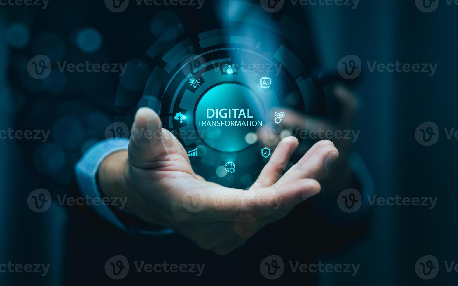Futuristic digital transformation interface hovering above businessman hand, showing innovation, technology icons, and data connectivity for business growth, automation, and AI integration photo