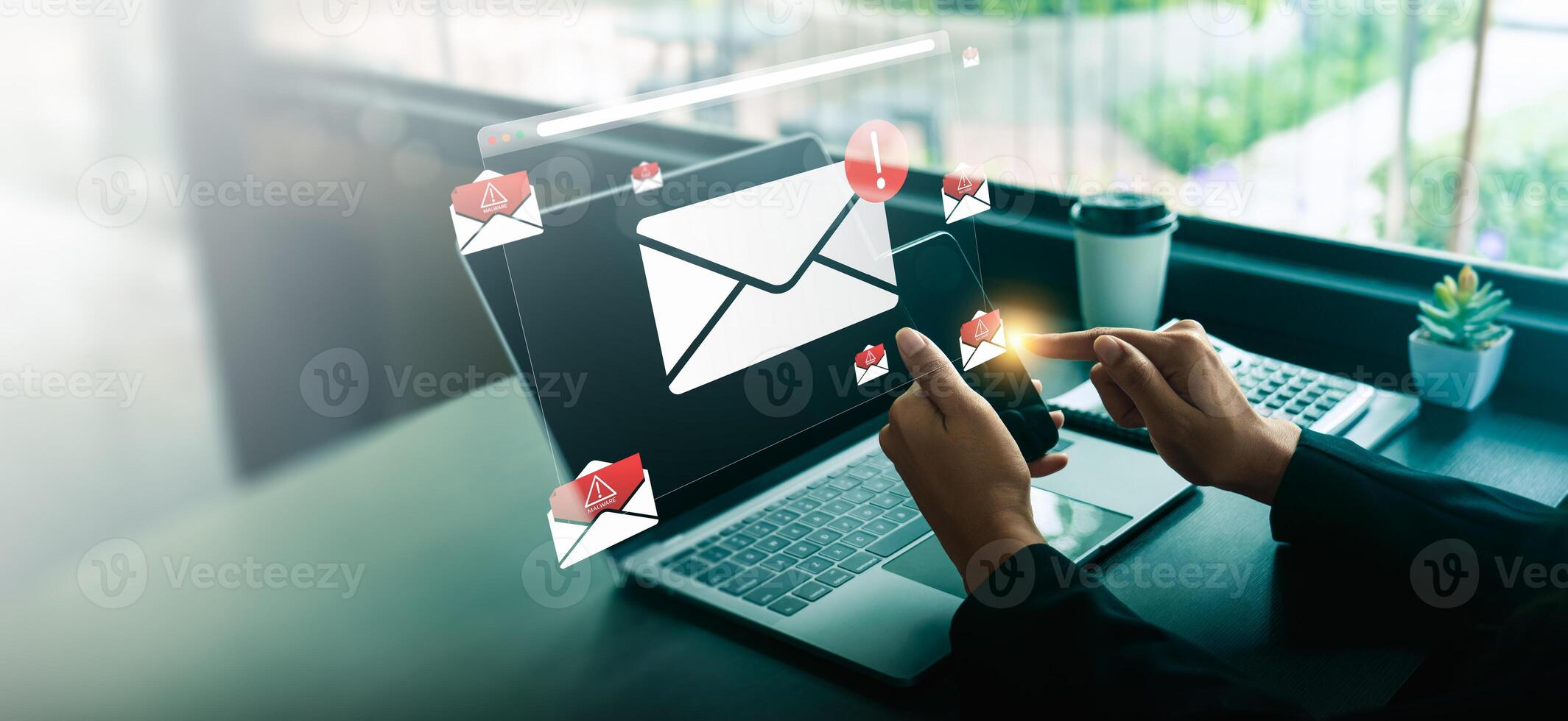 Businessperson using smartphone and laptop receiving suspicious malware warning email notification, concept of spam detection, phishing scam alert, cybersecurity risk, and online protection photo