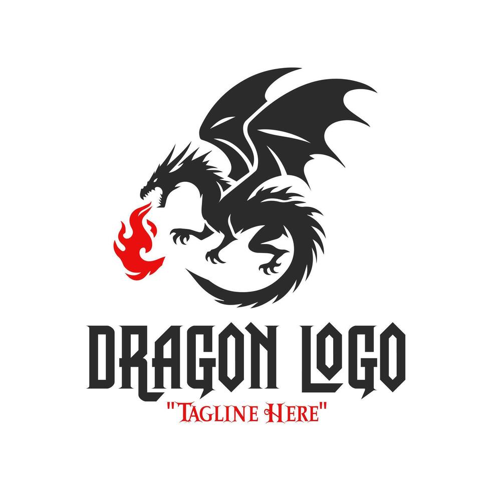 Powerful Black Dragon Breathing Red Fire Logo for Mythical Branding and Unique Identity vector