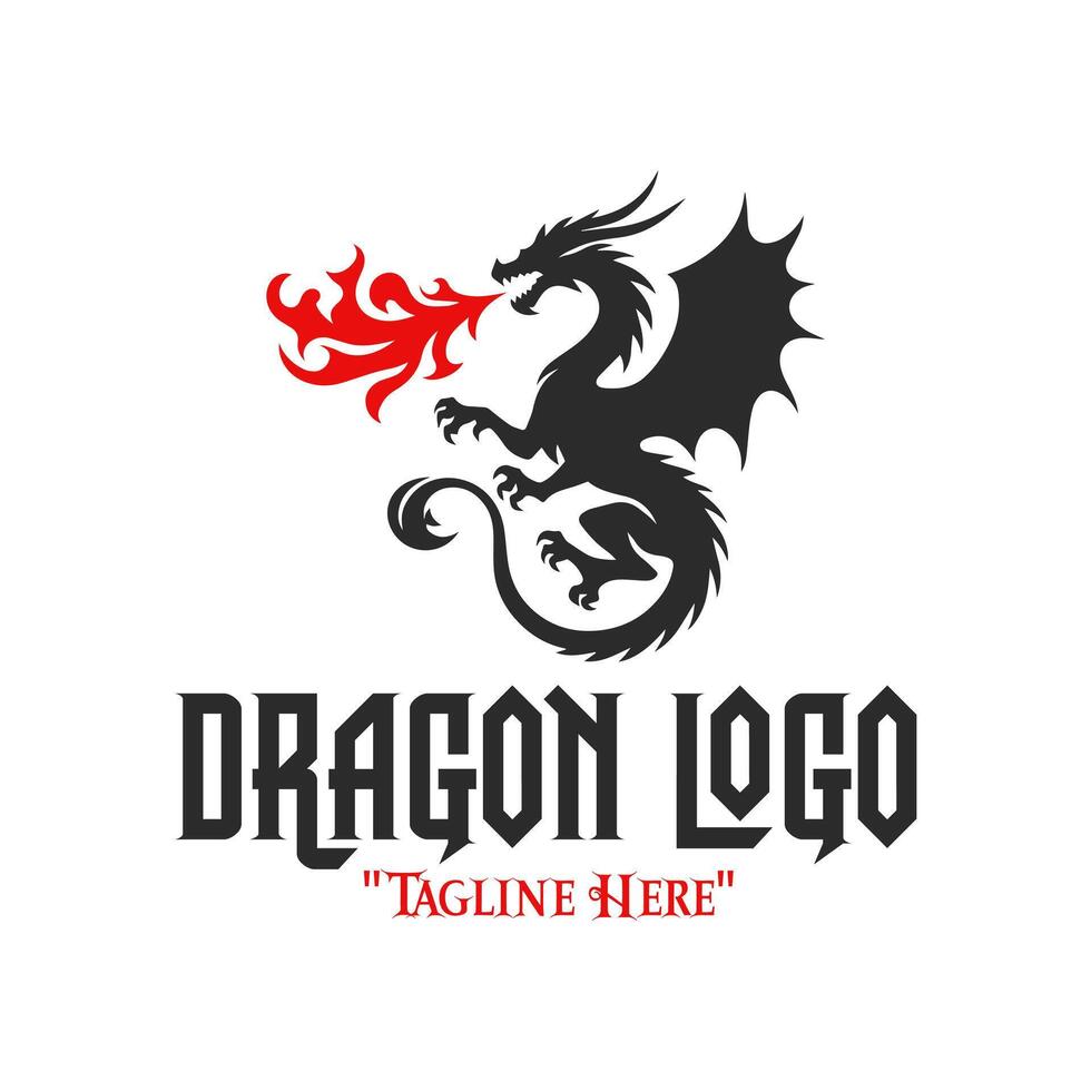 Bold Black Dragon Breathing Red Fire Logo for Mythical Branding and Fantasy Identity vector