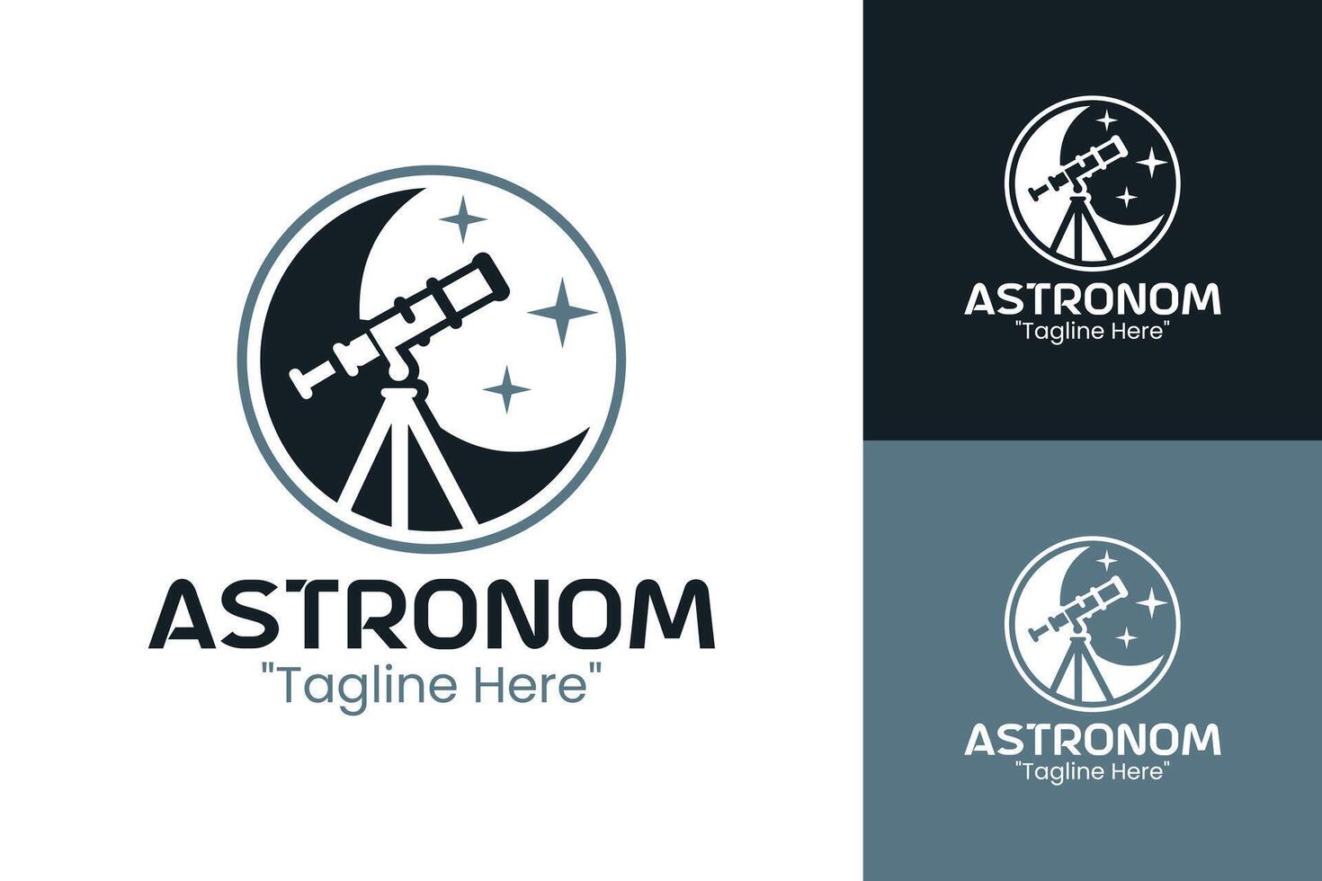 Minimalist Astronom Logo in Light Grey and Dark Grey with Moon and Telescope Icon vector