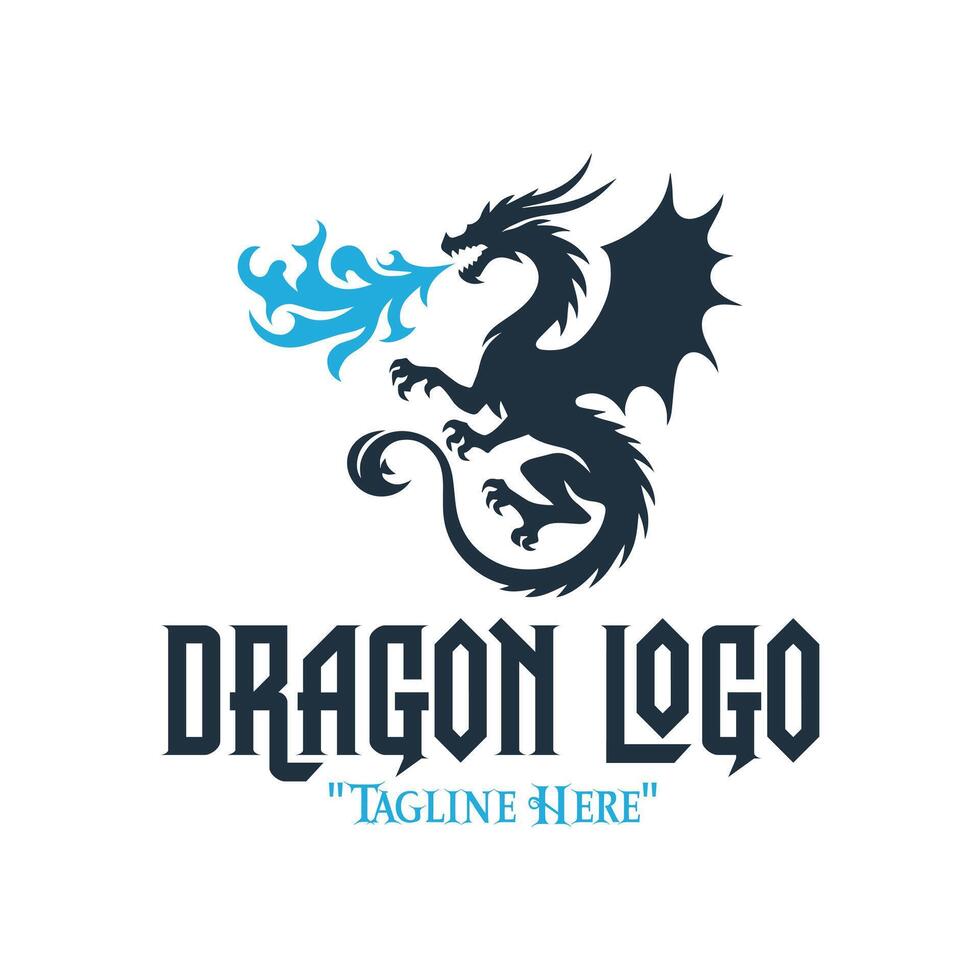 Creative Black Dragon with Blue Fire Logo for Powerful Fantasy Branding and Identity vector