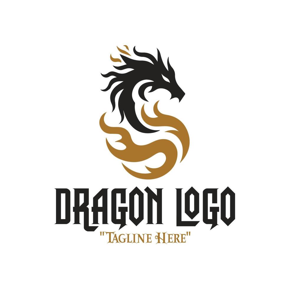 Dynamic Black Dragon with Gold Fire Logo for Fantasy and Royal Branding Identity vector