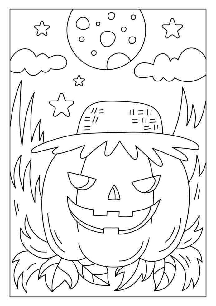 halloween pumpkin with night scenery printable coloring page vector
