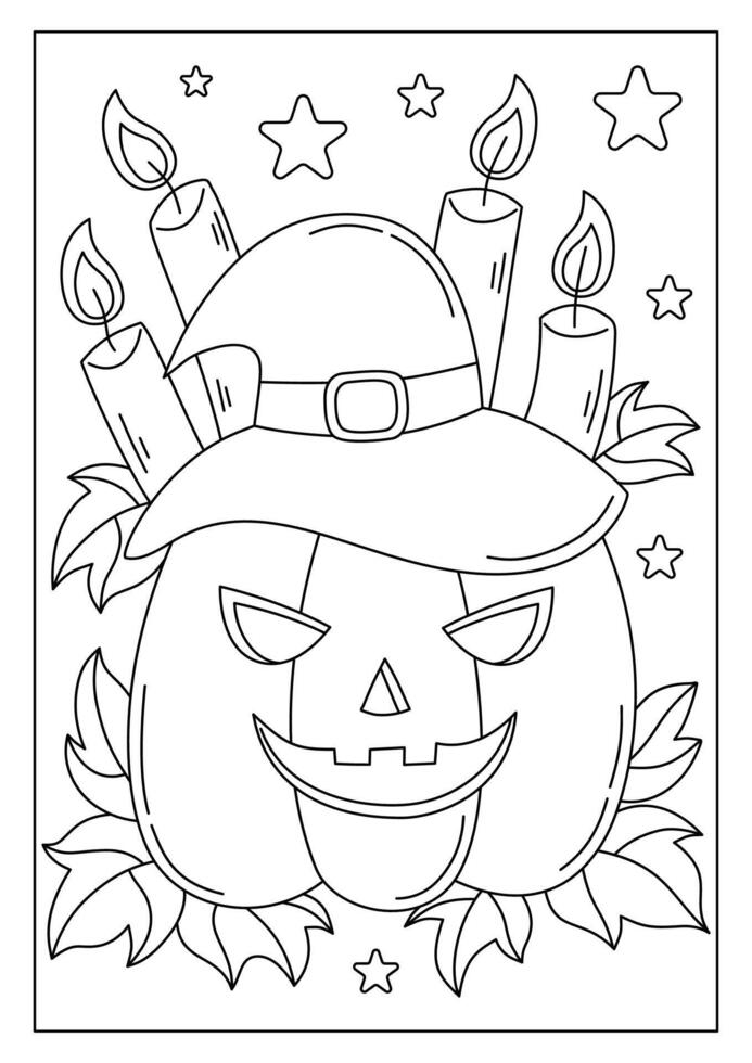 jack o lantern with witch hat and candle printable coloring page vector