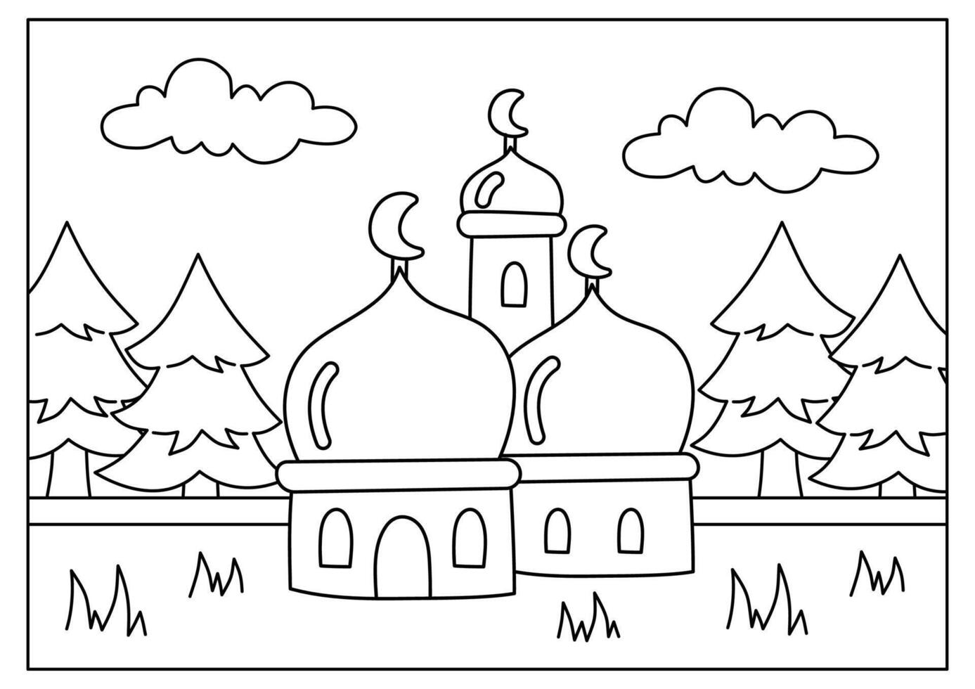 cute mosque coloring page hand drawn for kid worksheet vector
