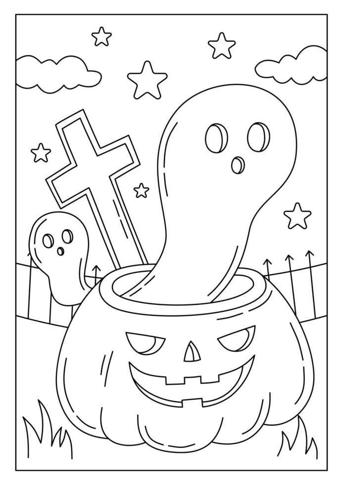 graveyard with ghost and pumpkin printable coloring page vector