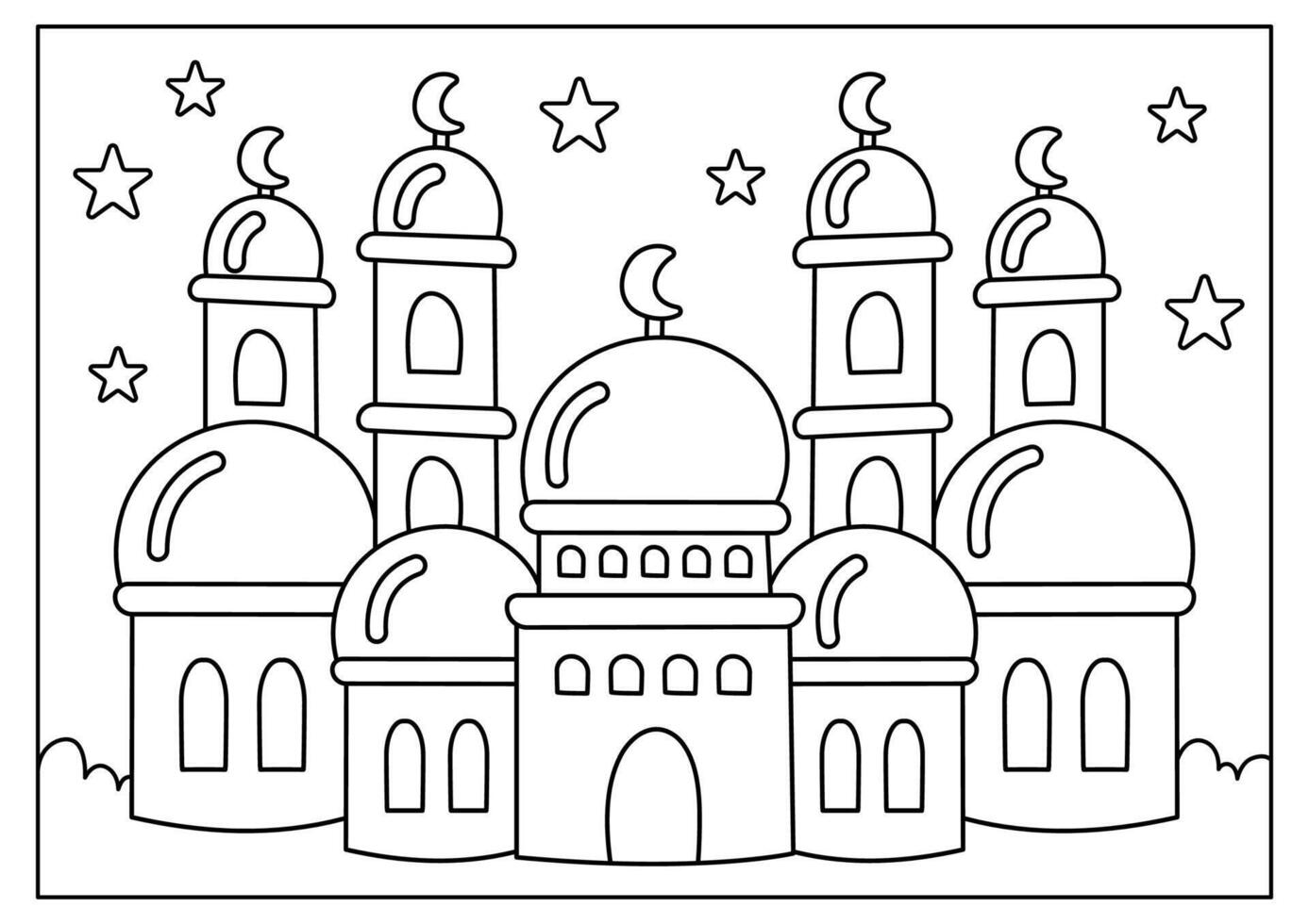 cute mosque coloring page with night scenery vector