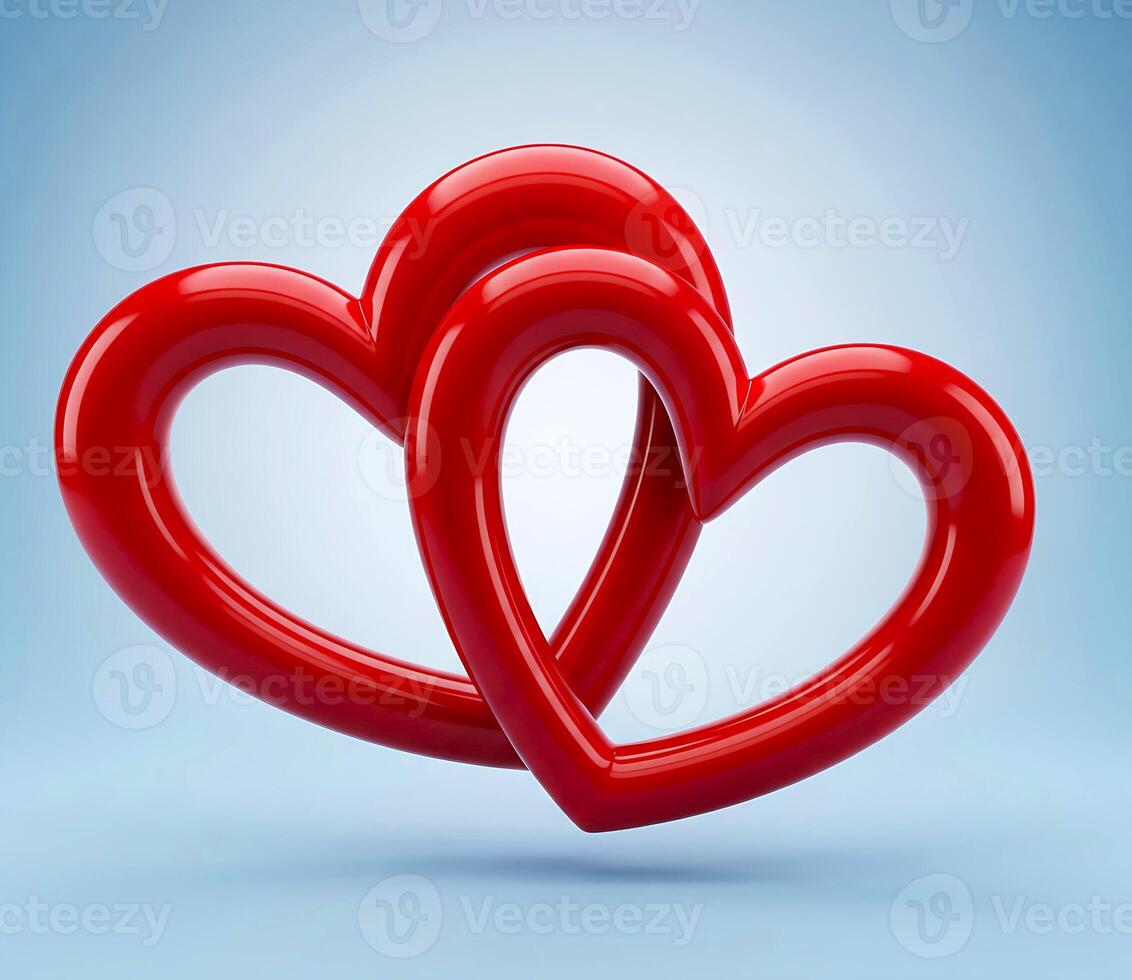 3D Intertwined Red Hearts on Blue Background photo