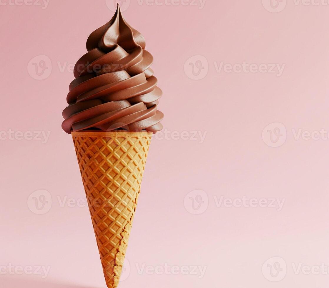 Chocolate Soft Serve Ice Cream in Waffle Cone on Pink Background photo