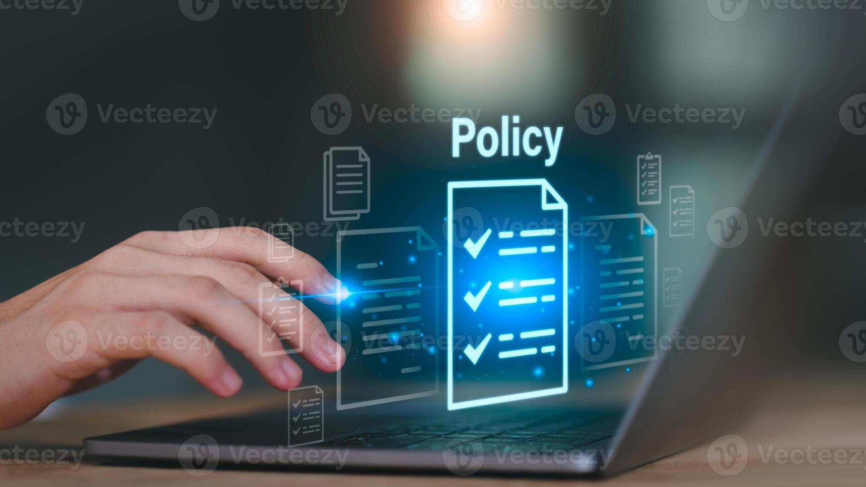 Businessman checking steps through a virtual online document with a list of checkboxes Concepts of practices and policies, company articles of association Terms and Conditions ,quality inspection photo