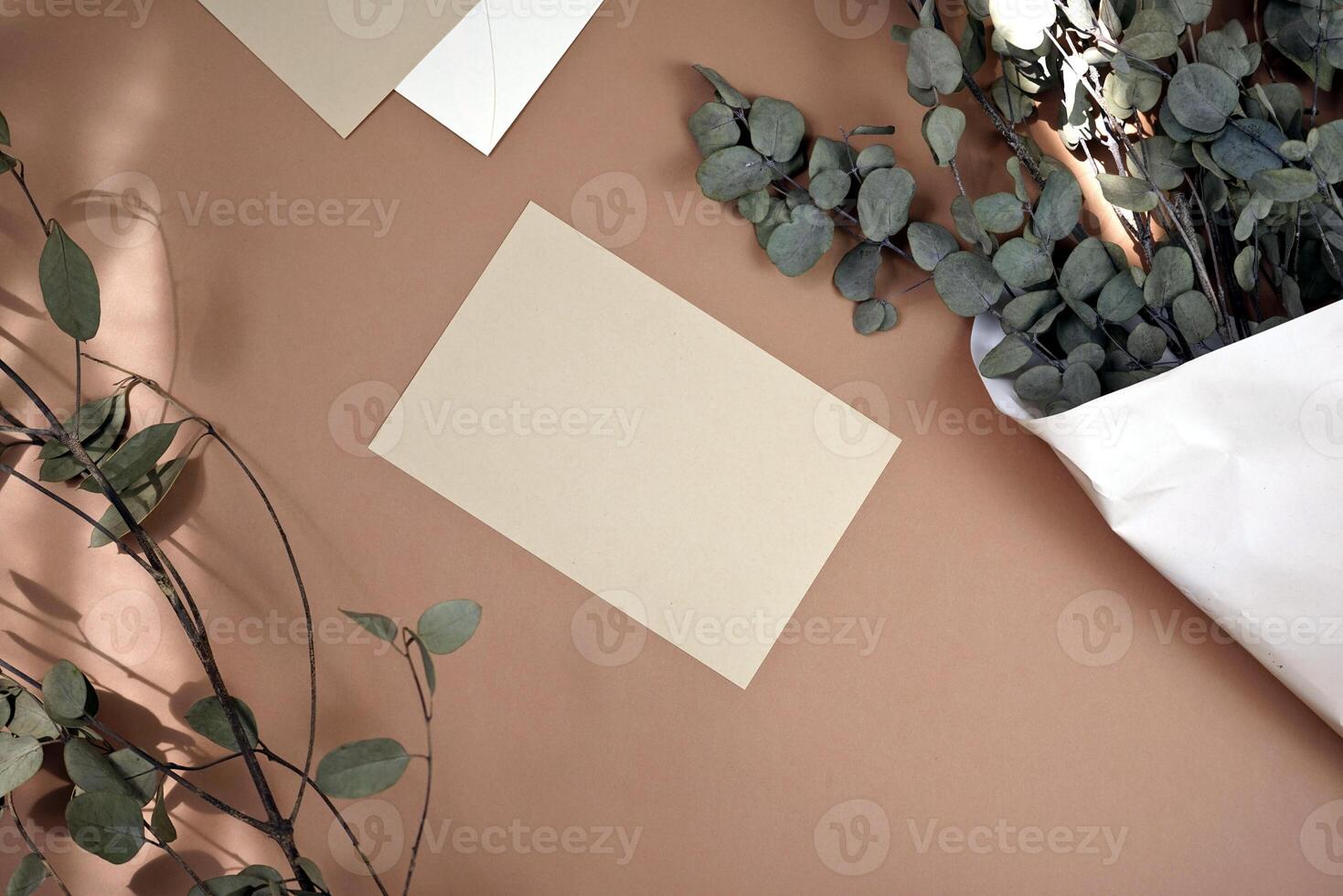 Handmade photo taken natural light and shadow blank card mockup design flat lay floral eucalyptus