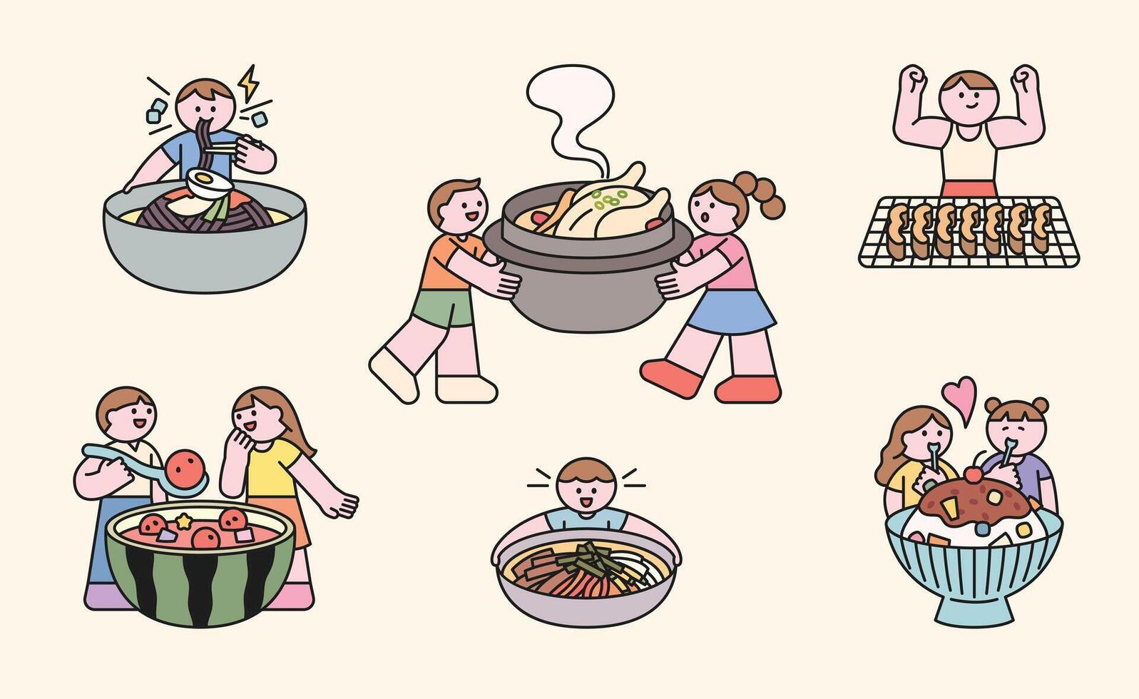 Friends cooking and enjoying meals together vector