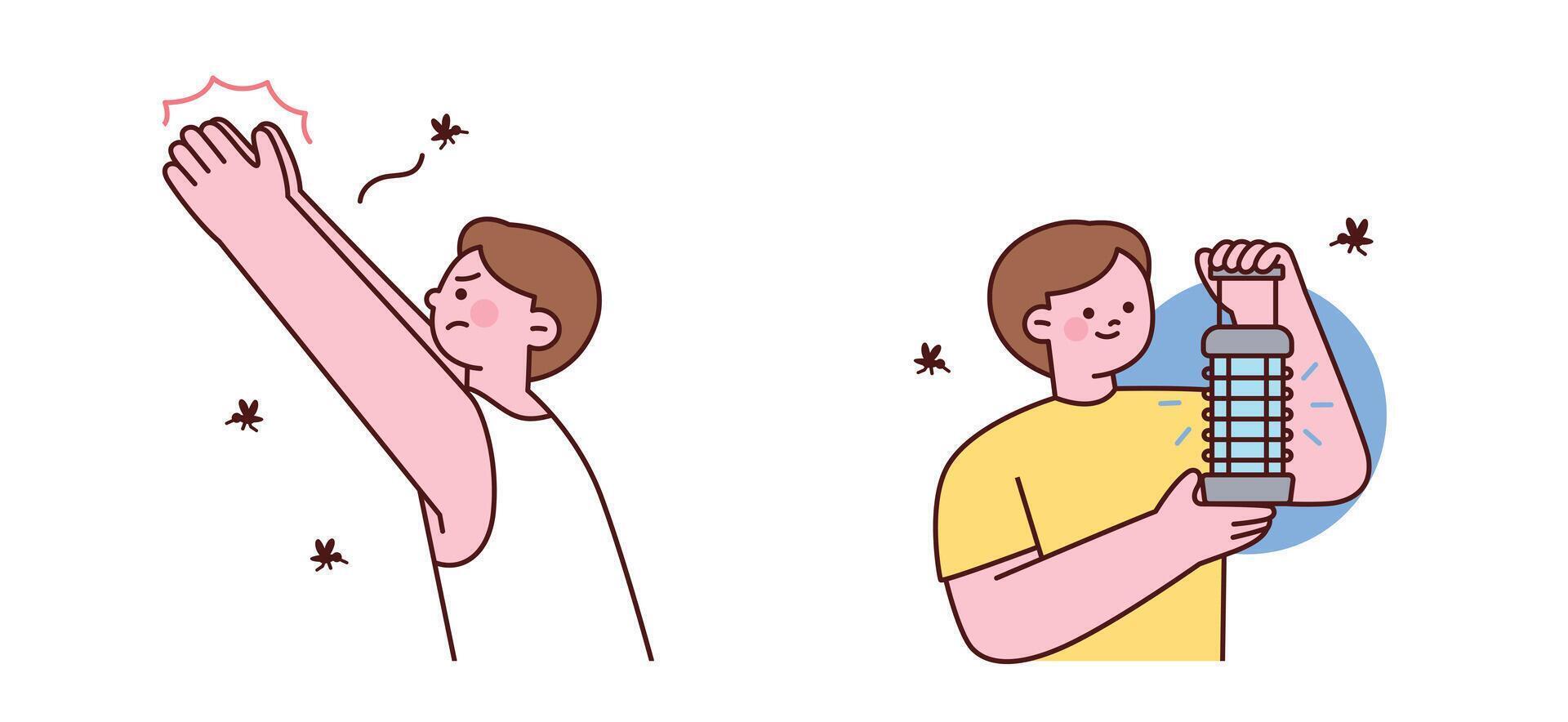 People dealing with mosquitos. One person is annoyed by buzzing mosquitos, while another is using a mosquito trap or lamp to attract and eliminate them vector
