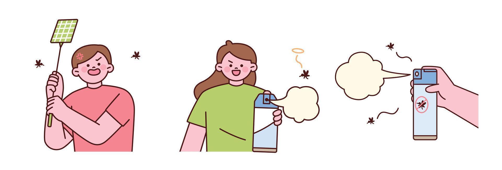 Person using insect spray and swatter vector