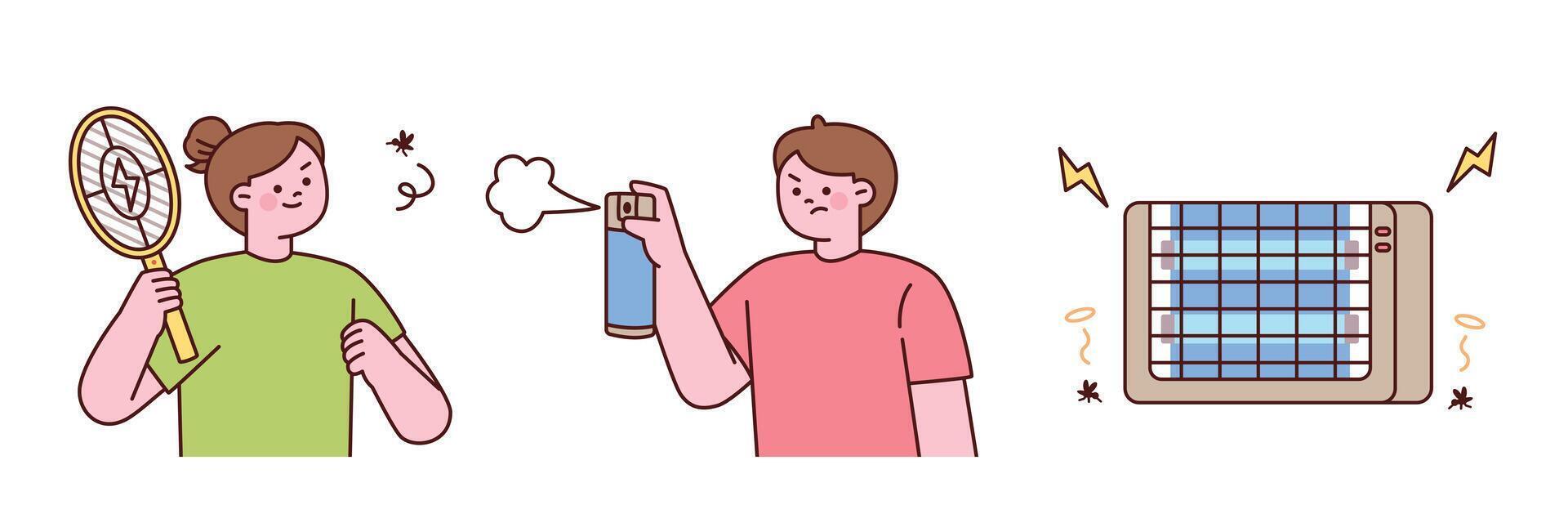 People managing heat and insects vector