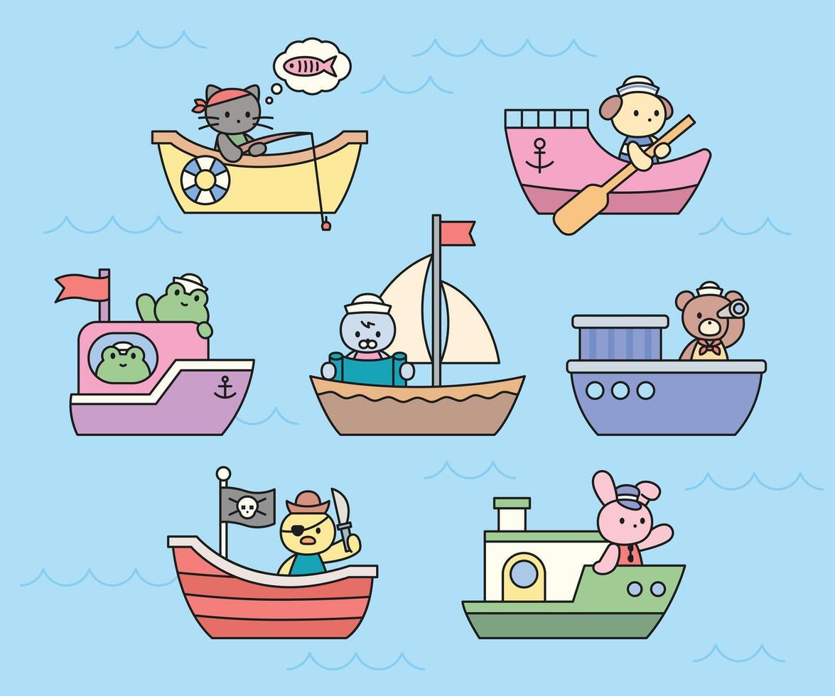 Colorful cartoon boats with animals vector