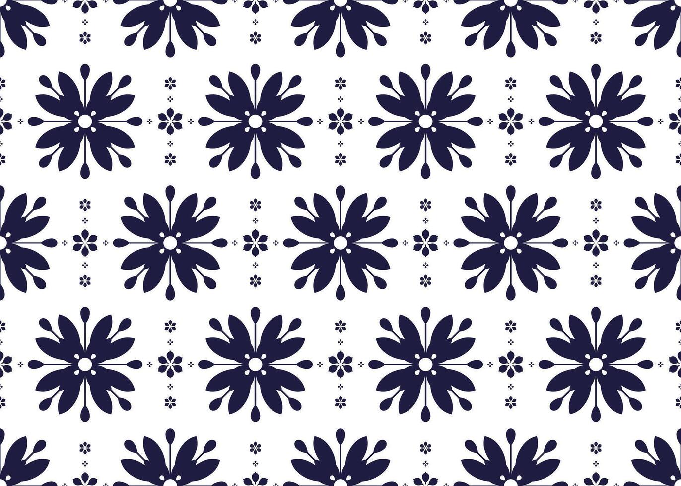 Seamless dark blue floral blooming on white background, ethnic fabric seamless pattern, design for cloth, carpet, batik, wallpaper etc vector