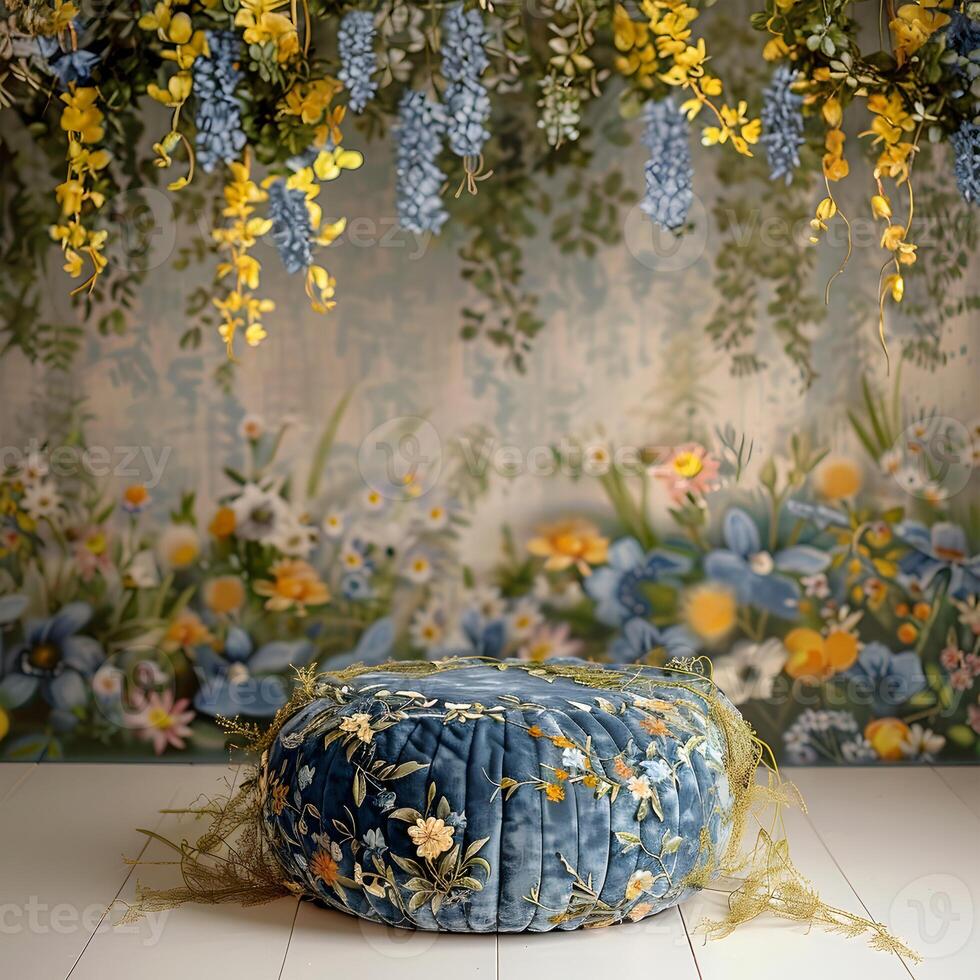 Newborn Digital Backdrop Blue and yellow Floral Velvet Ottoman Newborn Photography photo
