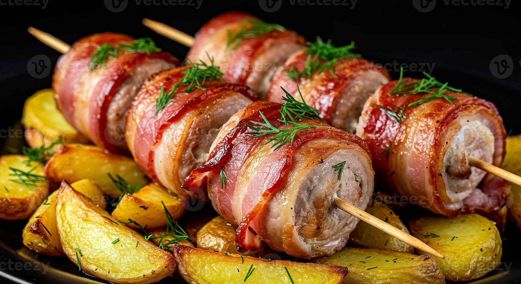 Bacon-wrapped meat rolls with potatoes photo