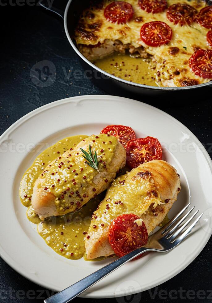 Chicken with mustard sauce and tomatoes photo