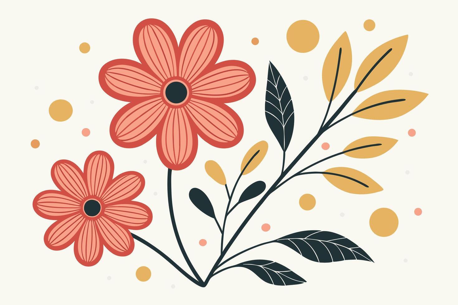 Floral Illustration with Red Flowers, Yellow Leaves, and Dots vector