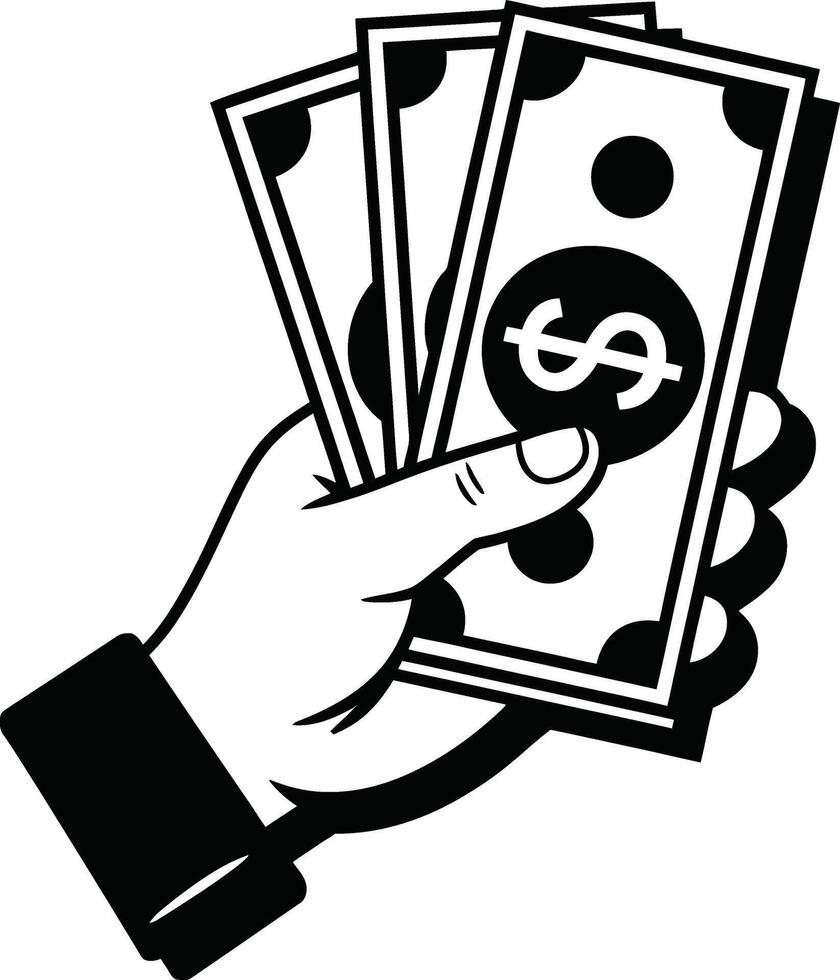 Black and White Hand Holding Dollar Bills Illustration vector