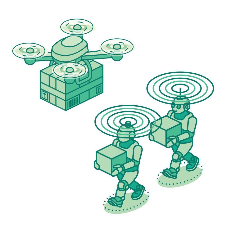 Isometric delivery robots and a drone carrying packages with wireless signals. Smart automation, AI logistics, and future technology in supply chain. Illustration. Objects isolated on white. vector