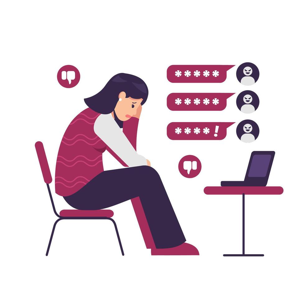 Cyber bullying. woman sitting on the chair. negative comment and the pressure of society.. flat illustration vector