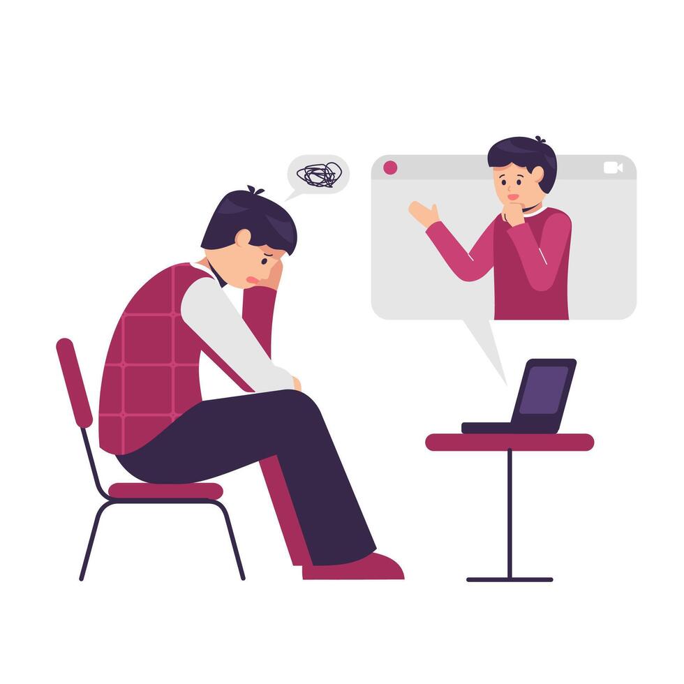Online therapy and counselling under stress and depression. Young man psychotherapist supports with psychological problems. mental health concept vector