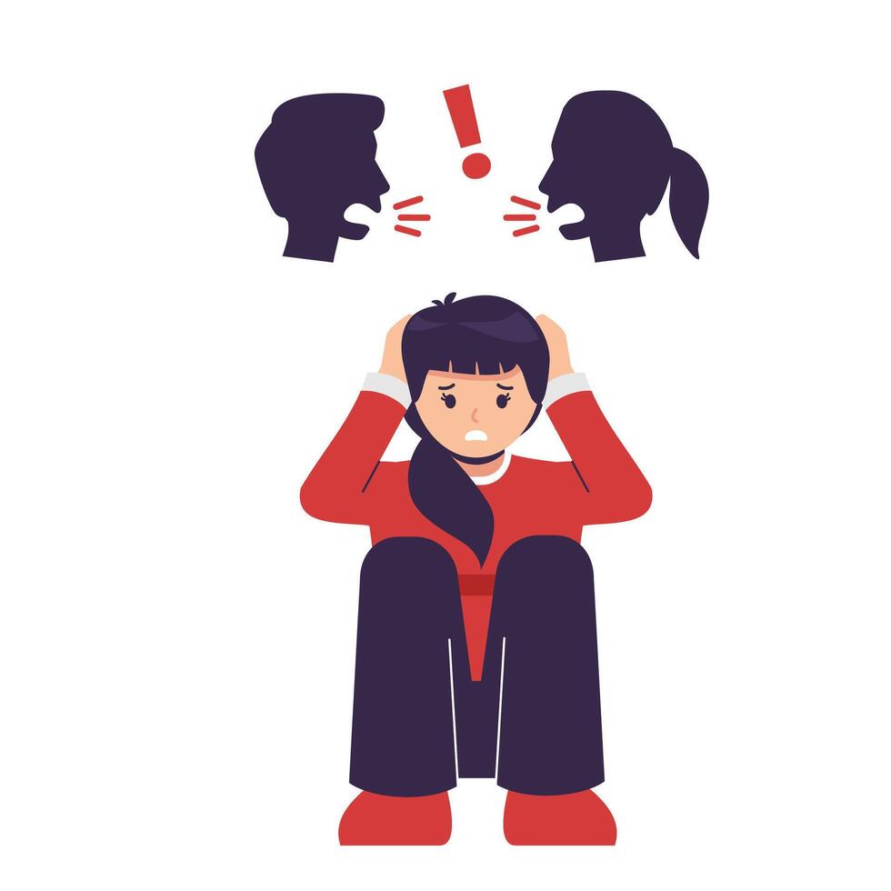 crying teenager sitting curled up with parent fighting ague, Domestic Dispute concept vector
