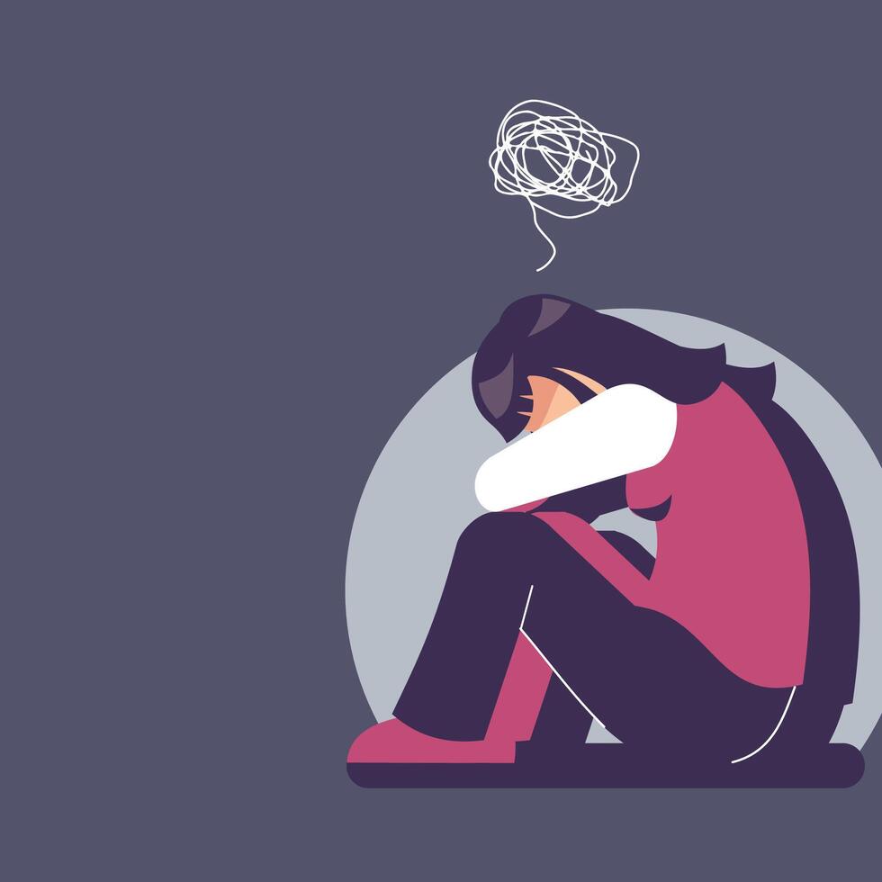 depressed girl flat design illustration. sit on the floor and hugging her knees or curl up. mental pressure concept vector