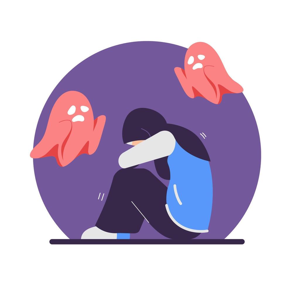 Psychology, panic attack, phobia, frustration, inner fears concept. hijab woman sitting and feeling bad with ghosts, fears. Mental health and illnesses. vector